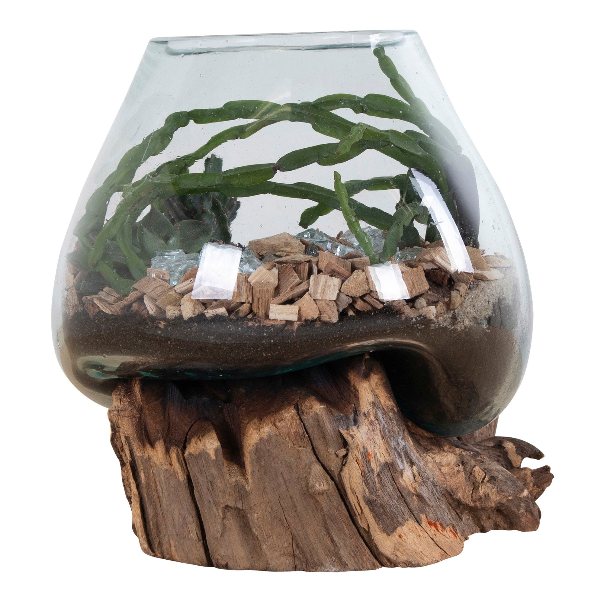 Glasobjekt auf Teakholz, natur, H20 cm